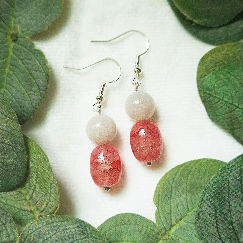 Pink Crackle Glass & White Chalcedony Stone Earrings - Sterling Silver Hooks